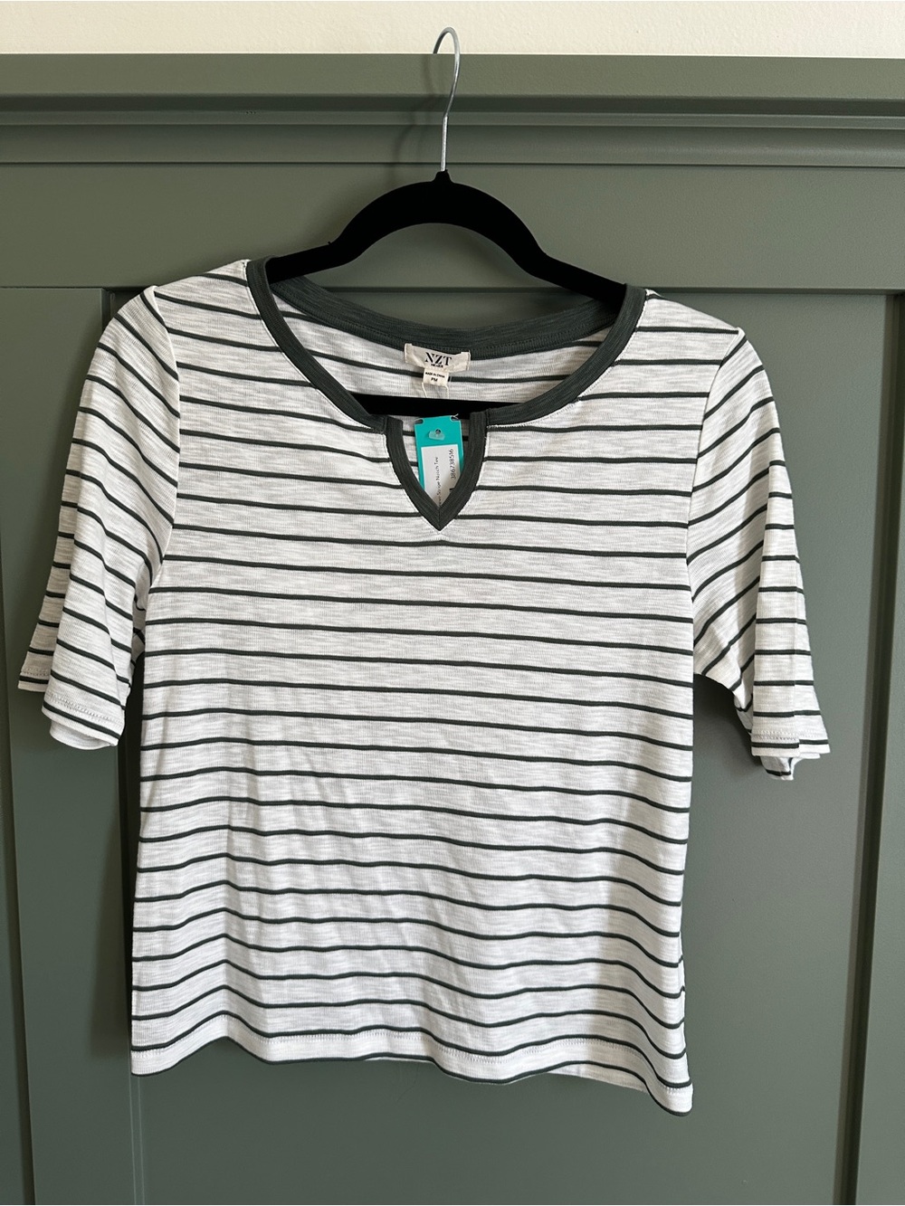 NIC+ZOE White Tee with Dark Green Stripes and Trim